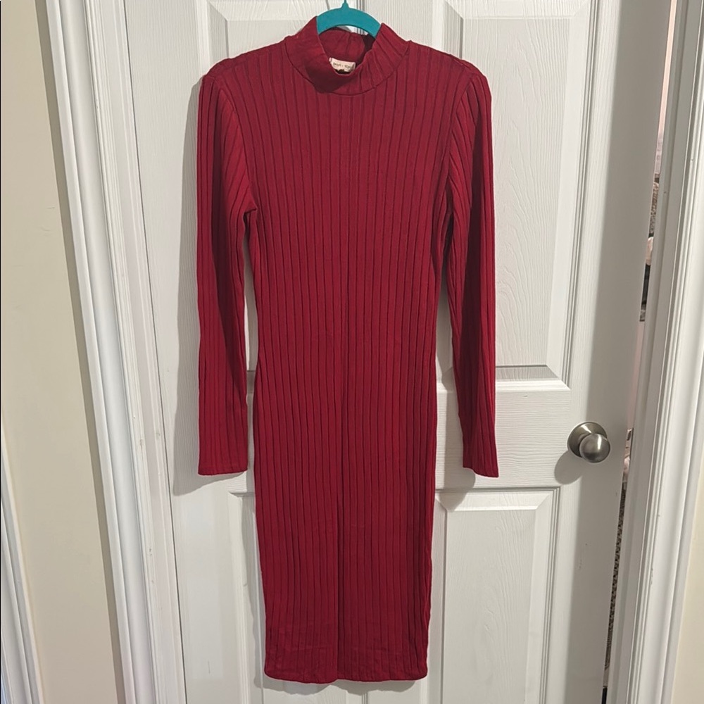 Elegant Red Ribbed Knit Dress
